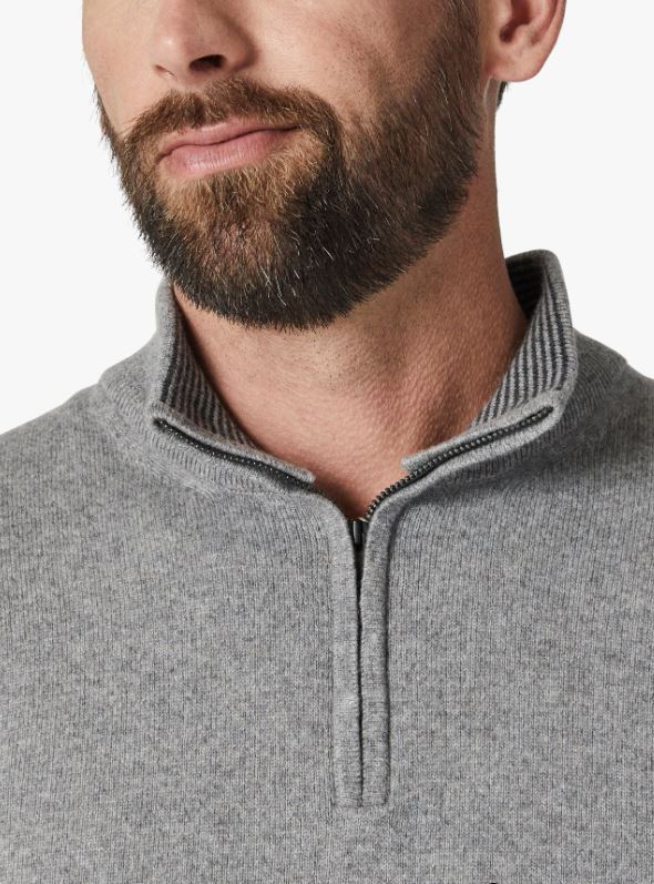 34 Heritage-Cashmere Quarter Zip Sweater-Grey Melange FW23-Men&#39;s Sweaters-Yaletown-Vancouver-Surrey-Canada