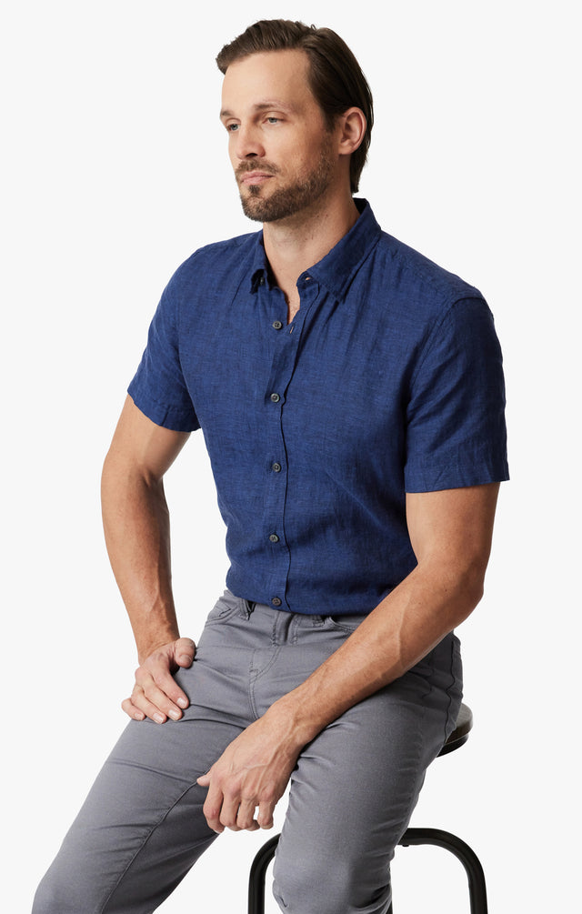 34 Heritage Linen Short Sleeve Shirt Indigo SS24-Men&#39;s Shirts-Brooklyn-Vancouver-Yaletown-Canada