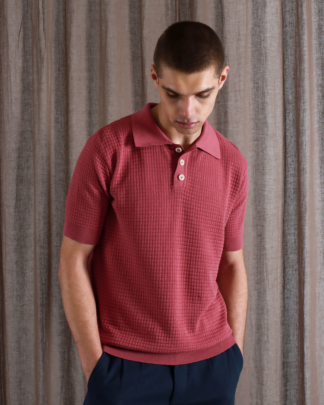 Far Afield Renard SS Waffle Polo Tee Baroque Rose SS24-Men&#39;s T-Shirts-Brooklyn-Vancouver-Yaletown-Canada