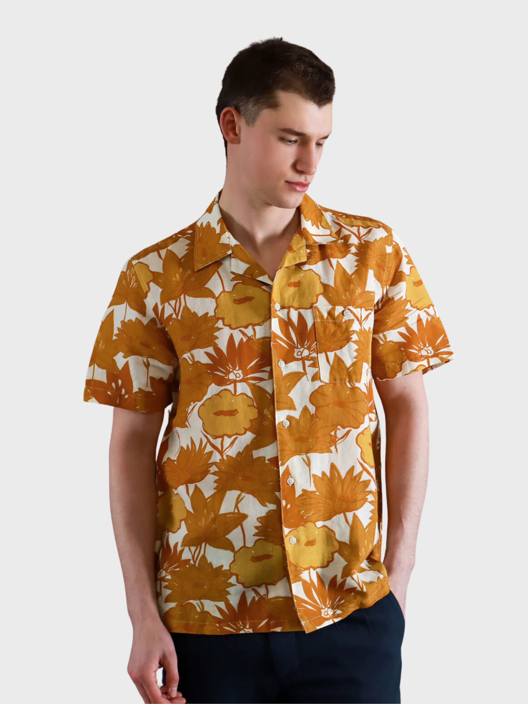 Far Afield Shirt S/S Selleck Flower Collage Honey Gold-Men's Shirts-S-Brooklyn-Vancouver-Yaletown-Canada