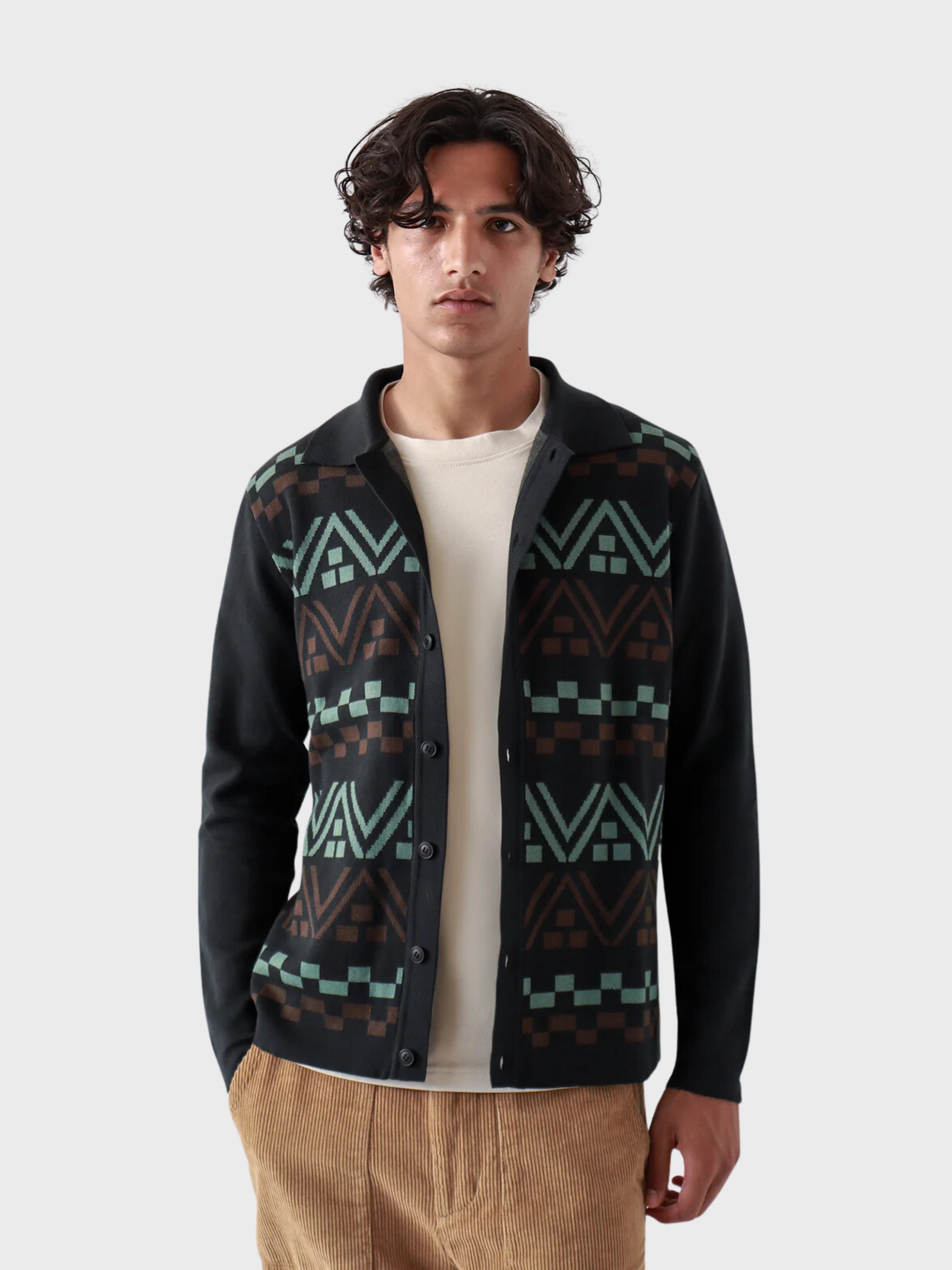 Far Afield Sweater Zigger LS Cardigan Peysa Stripe BkGnSBn-Men's Sweaters-S-Brooklyn-Vancouver-Yaletown-Canada