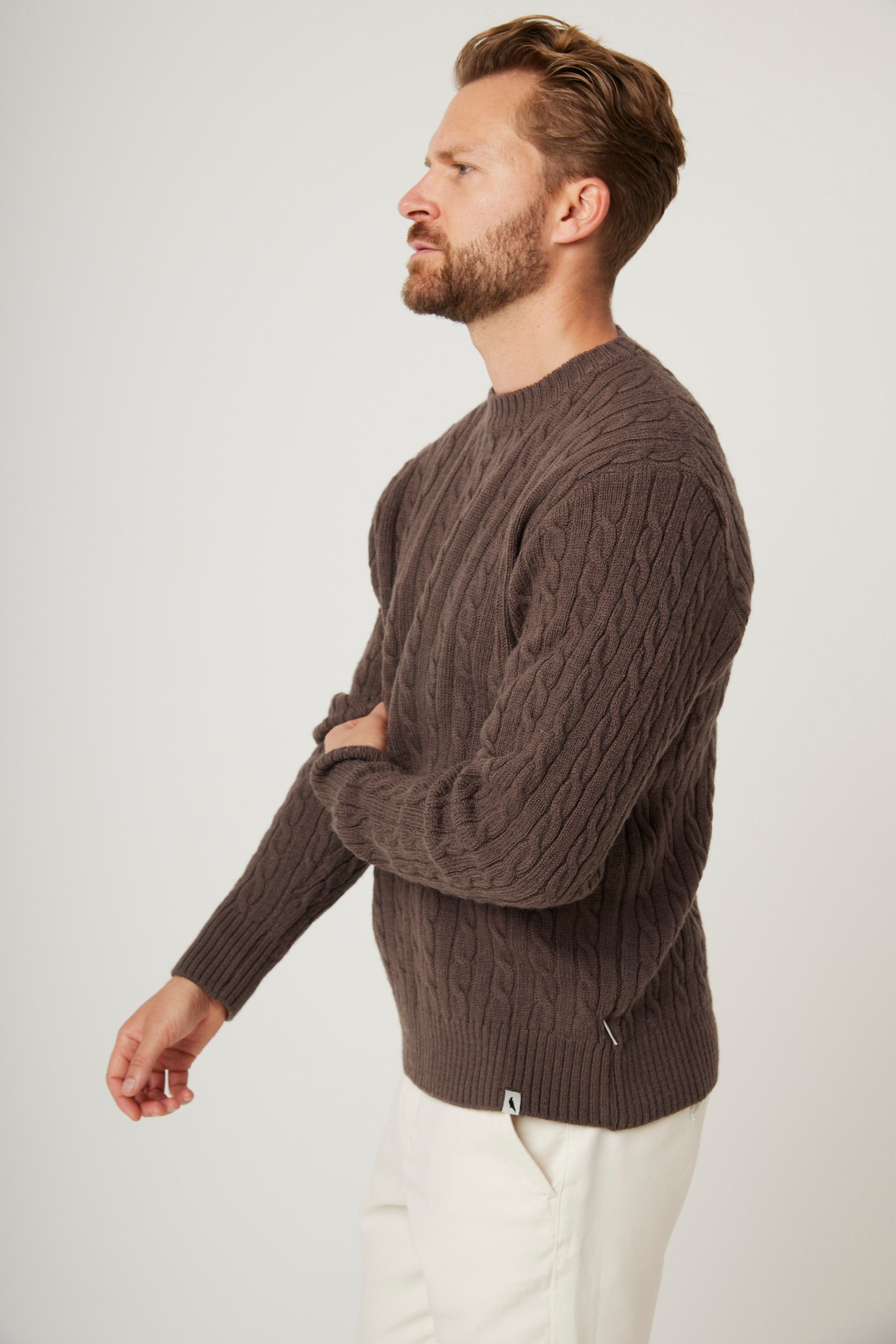 Peregrine Sweater Makers Stitch Cable Crew Jumper Coffee-Men&#39;s Sweaters-Brooklyn-Vancouver-Yaletown-Canada