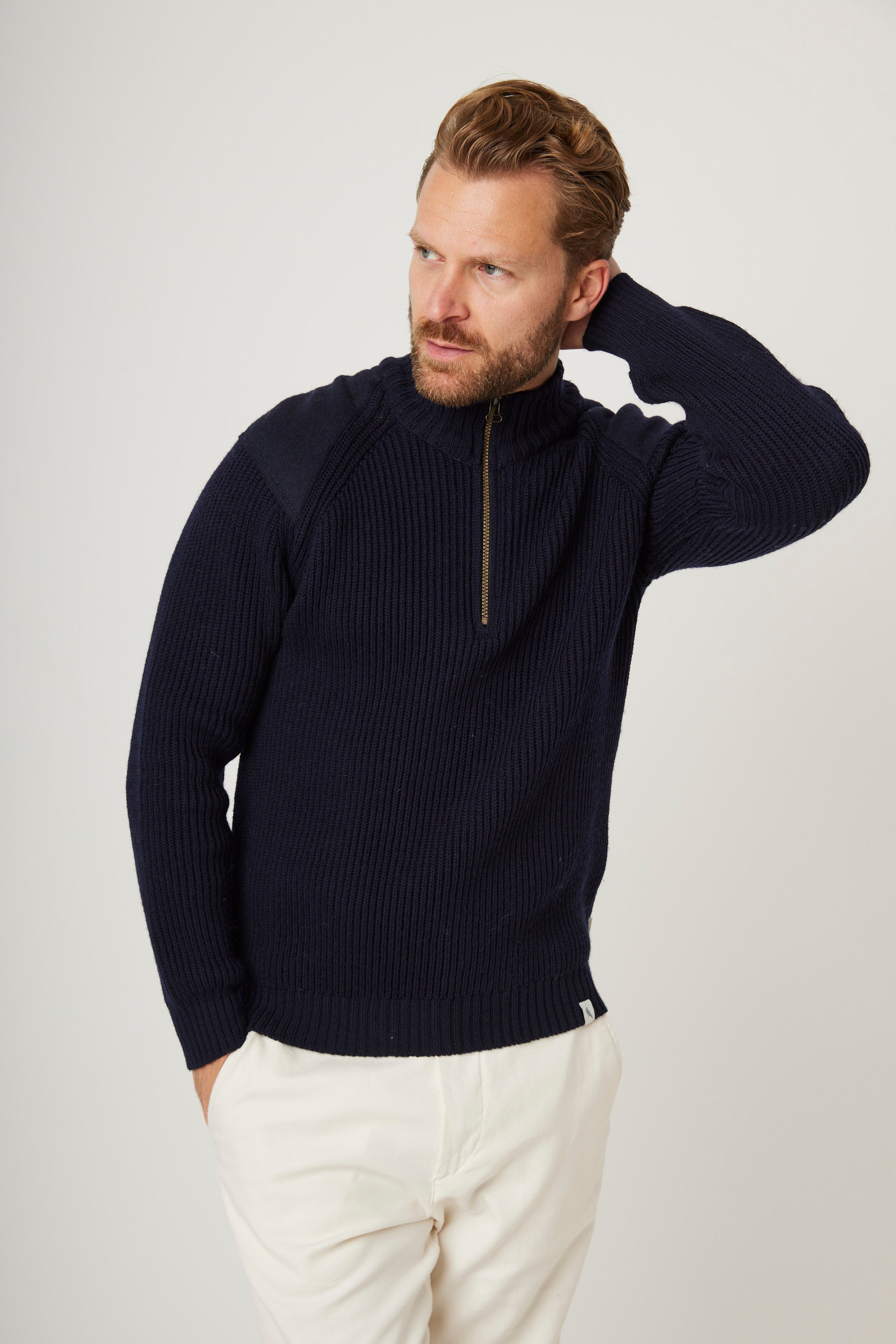 Peregrine Sweater Foxton Zip Neck Navy-Men's Sweaters-Brooklyn-Vancouver-Yaletown-Canada